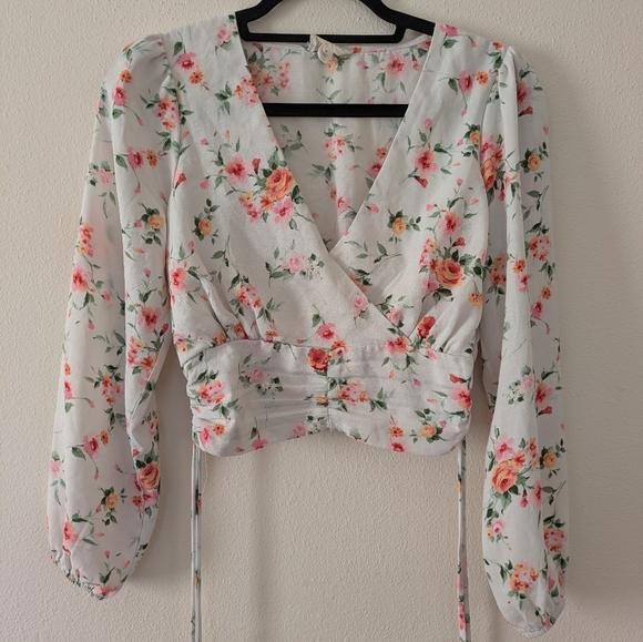 meraki Tops - Meraki White Rose Floral Crop Top Long Sleeve Cinch Waist Women's sz S